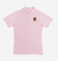 a pink polo shirt with a logo on it