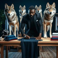 a man in a suit writing on a table with a group of wolves behind him